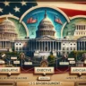Illustration of the U.S. federal government structure with the Capitol, White House, and Supreme Court buildings.