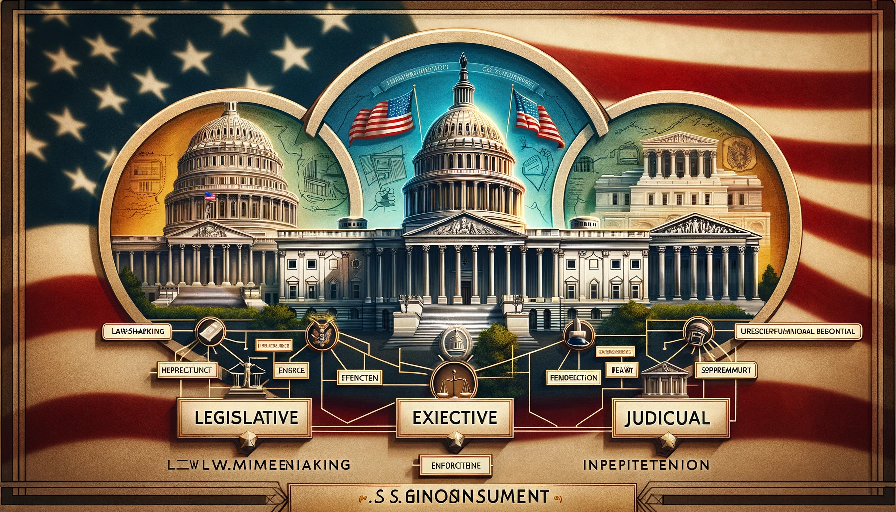 Illustration of the U.S. federal government structure with the Capitol, White House, and Supreme Court buildings.